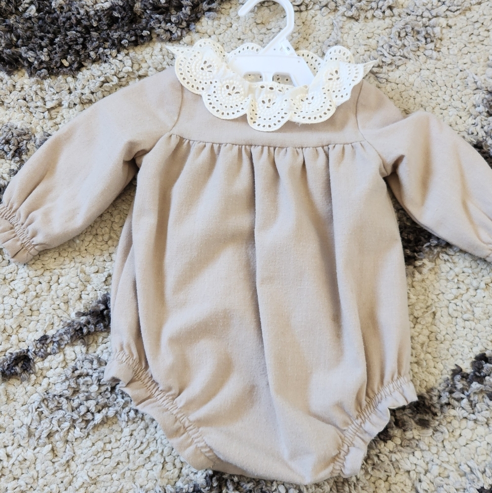 Adorable Beige Baby Romper with Lace Collar